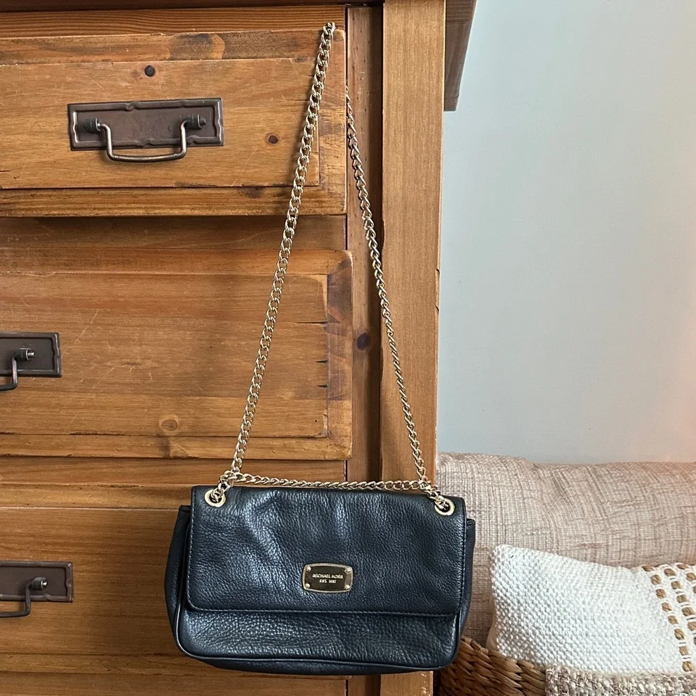 Michael Kors Black Leather Shoulder Bag with Gold Chain